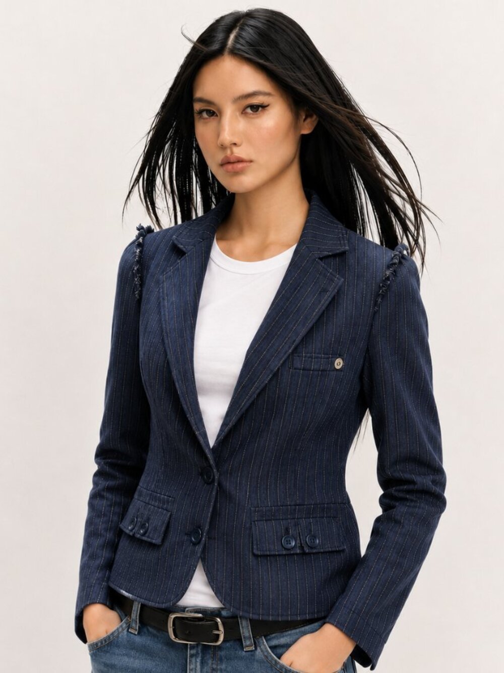 Pinstripe Billabong denim jacket/blazer w. raw edges and distressed look